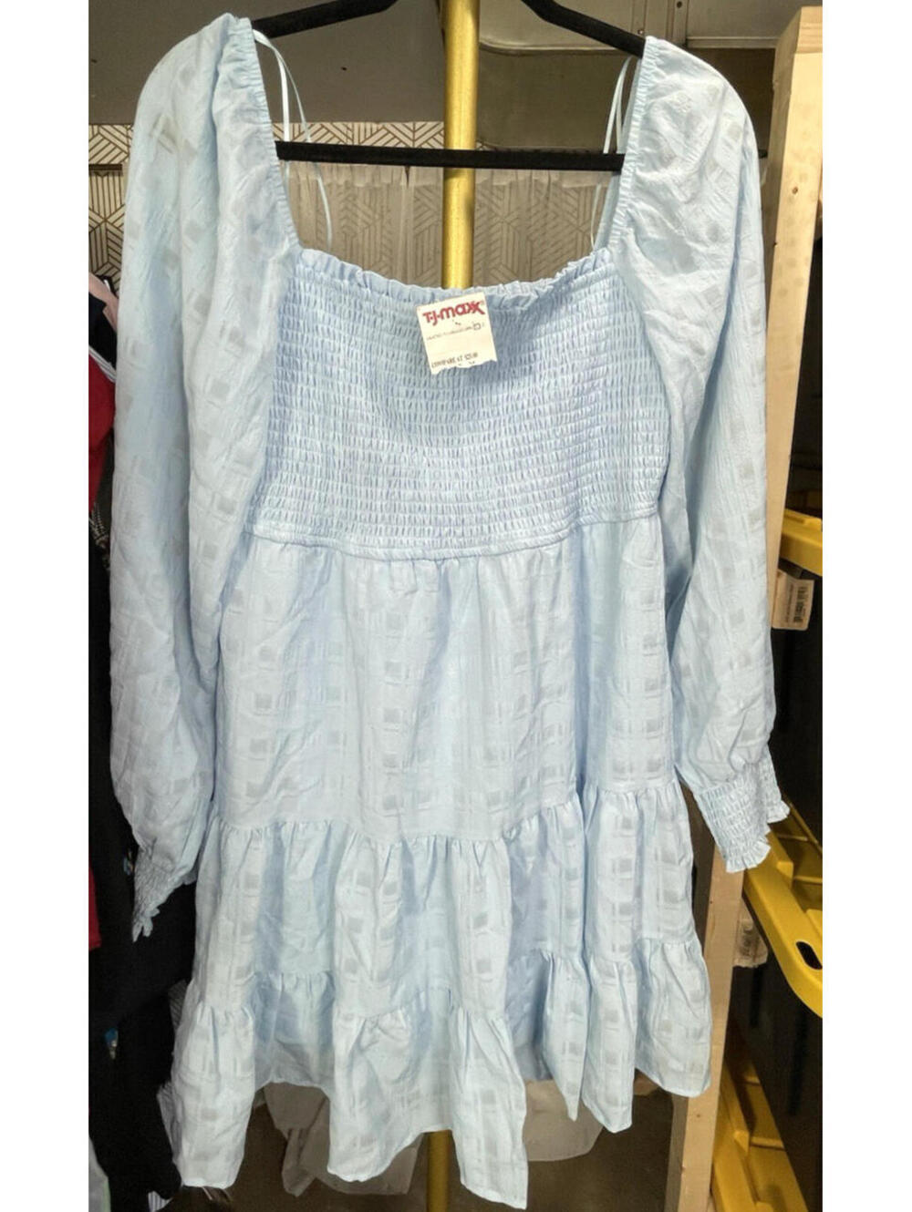 NWT Evolutionary Jrs Lt. Blue Smocked Tiered Short Dress Long Slv Square Neck XL